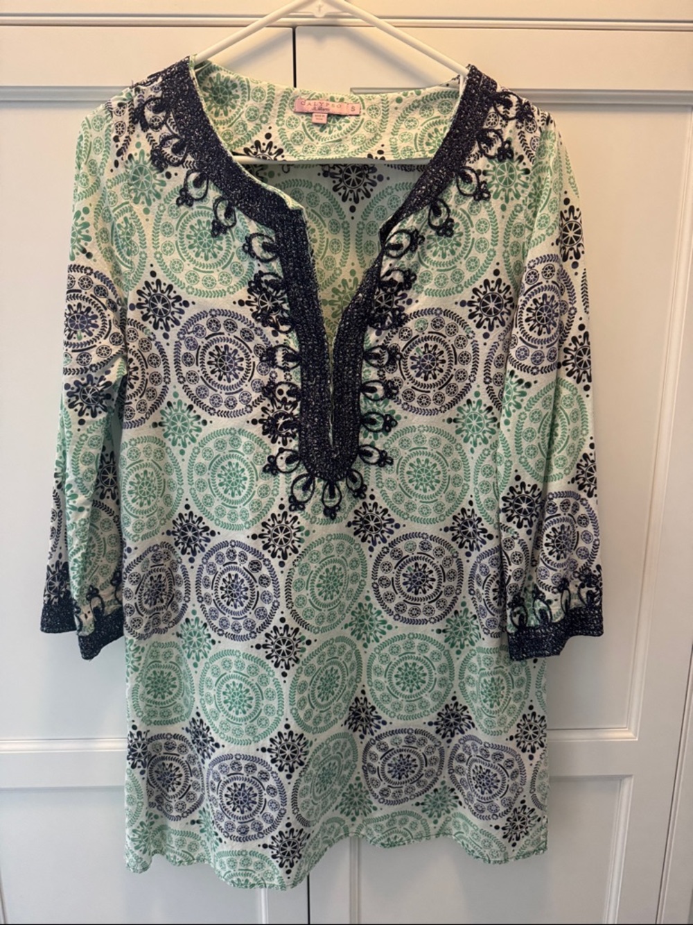 Calypso St. Barth Vintage Women’s Green Printed Swim Tunic with Navy Trim